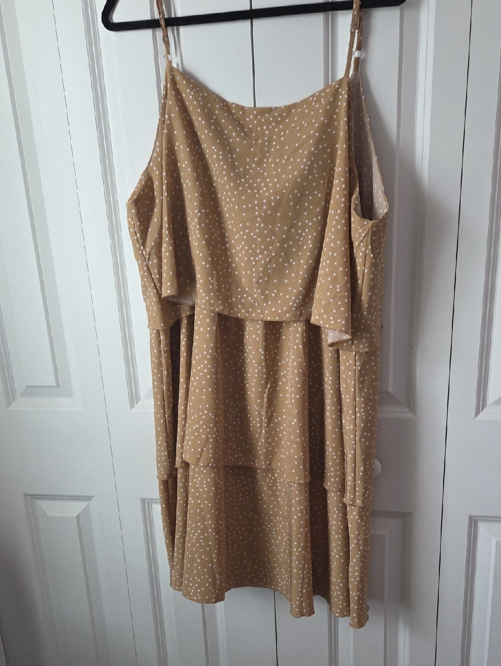 Ladies Polka Dot Tiered Spaghetti Strap Dress - Tan